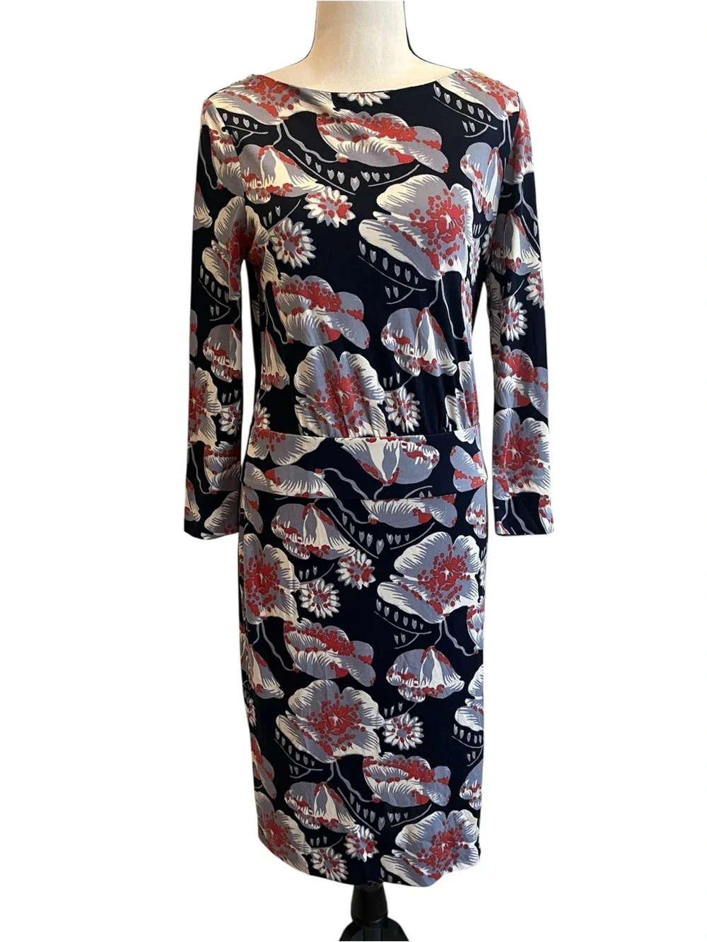 Tory Burch Shelia Navy Floral Silk Jersey Dress Coral-Red & White Blooms Medium